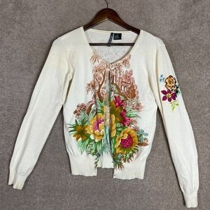 Anthropologie Charlotte Cardigan Womens Medium Cream Rhinestone Floral Vintage
